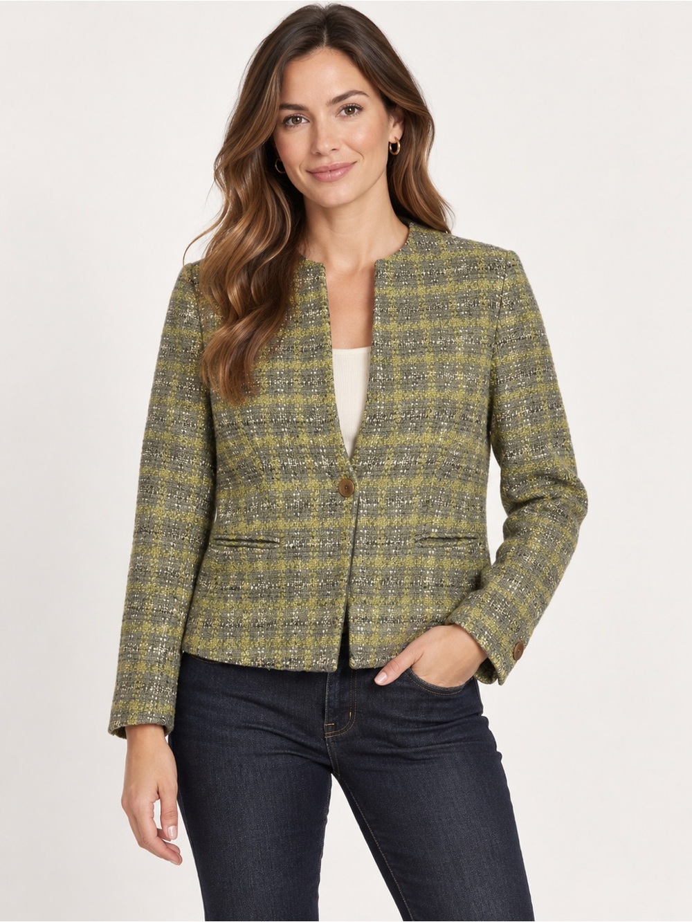 Talbots Collection Wool Tweed Blazer 14 Olive Plaid English Country Equestrian